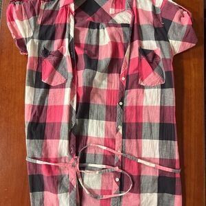 Pink and Black Plaid Button-Up Shirt Dress